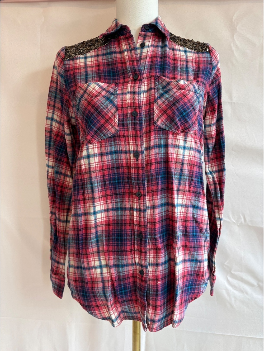 Express Boyfriend Plaid Shirt with Sequin Shoulder Detail, Size XS